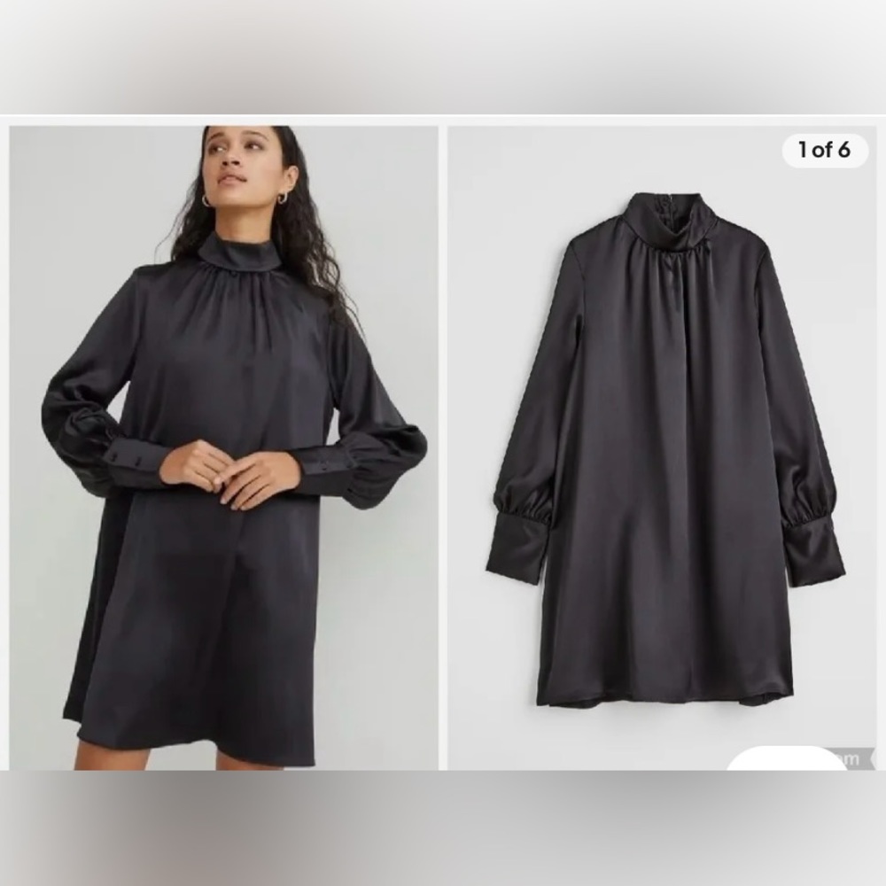 H&M Black Satin Long Ballon Sleeve Stand Up/Turtleneck Collar Dress - Size L